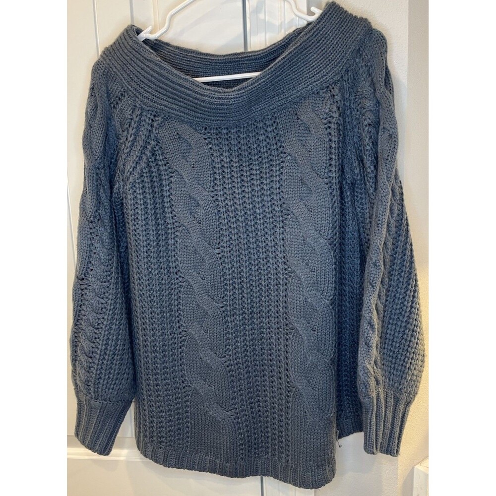 She +‎ Sky Cable Knit Sweater Womens Medium Blue Balloon Sleeve Cozy Chunky Knit